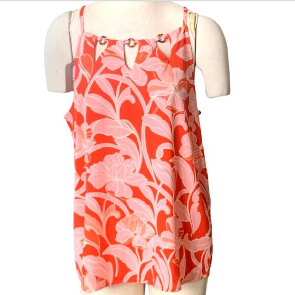 AUW Floral Sleeveless Tank Top Cutout Neck Sz L Orange & Pink Tropical #129M - Picture 2 of 9